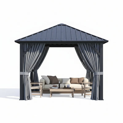 10 Ft. X 10 Ft. Outdoor Galvanized Steel Roof Gazebo, Aluminum Frame Pergolas with Ceiling Hook, Curtains and Netting