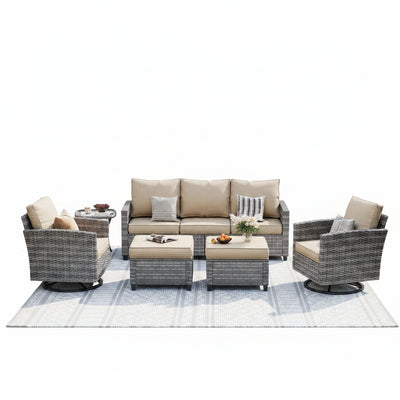 Patio Furniture Set, 6 Pieces Outdoor Patio Set, All-Weather Wicker Rattan Outdoor Furniture Set with Swivel Chairs for Poolside, Backyard, Gray Wicker Khaki Cushions