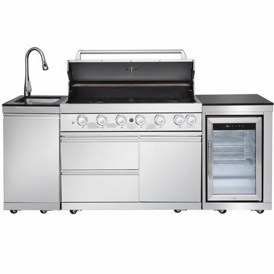 Outdoor Kitchen Island with Built in Grill, 6 Burner 83500 BTU Stainless Steel Gas Barbecue Island, Patio Cooking Station with Sink & Wine Cooler, Built in Grill Island for Backyard (Silver)