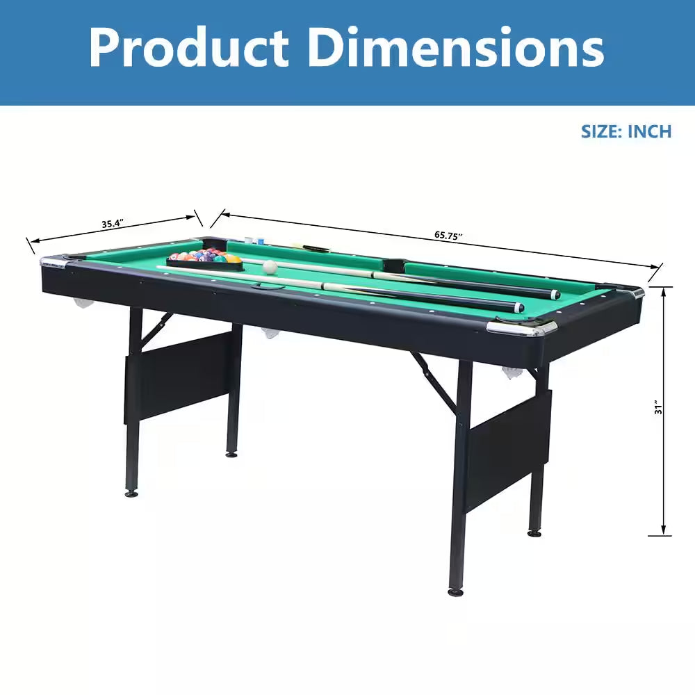 65.75 In. Green Portable Pool Table Game Billiard Table - Includes Full Set of Balls 1 Brush 1 Triangle Rack 2 Chalk