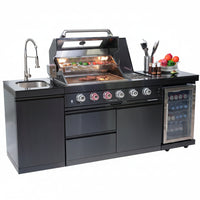 Outdoor Kitchen Island Gas Grill System 4 Burner BBQ Island with Rotisserie Kit, Integrated Sink, Wine Cooler & Granite Countertop