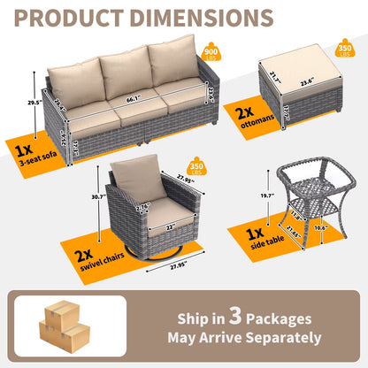 Patio Furniture Set, 6 Pieces Outdoor Patio Set, All-Weather Wicker Rattan Outdoor Furniture Set with Swivel Chairs for Poolside, Backyard, Gray Wicker Khaki Cushions