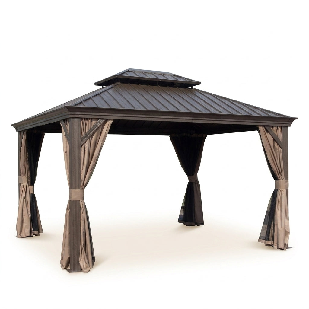 12-Ft X 14-Ft Alexander Dark Brown Gazebo with Hardtop Roof (Screen Included) — Studio Shot