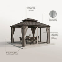12-Ft X 14-Ft Alexander Dark Brown Gazebo with Hardtop Roof (Screen Included) — infographic