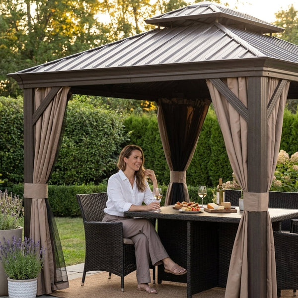 Aluminum Hardtop Gazebo Built for Year-Round Coverage, 12x14 ft, Steel Roof, Curtains & Netting