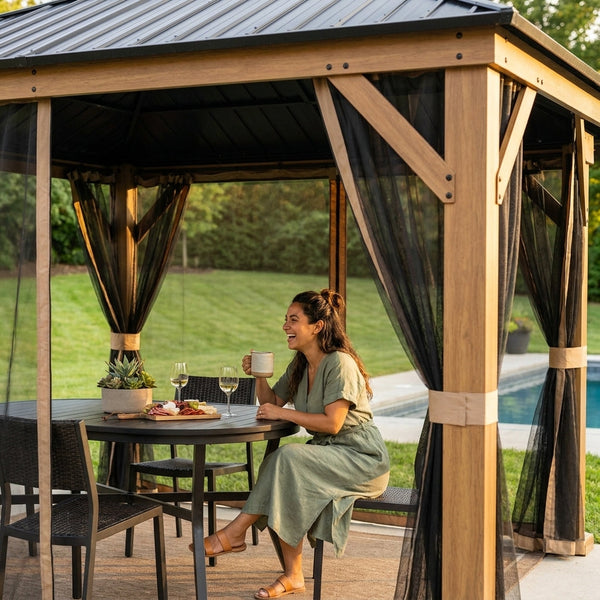 18' × 12' Aluminum Hardtop Gazebo with Galvanized Steel Roof, Double‑Top Ventilation & Mosquito Netting – Brown