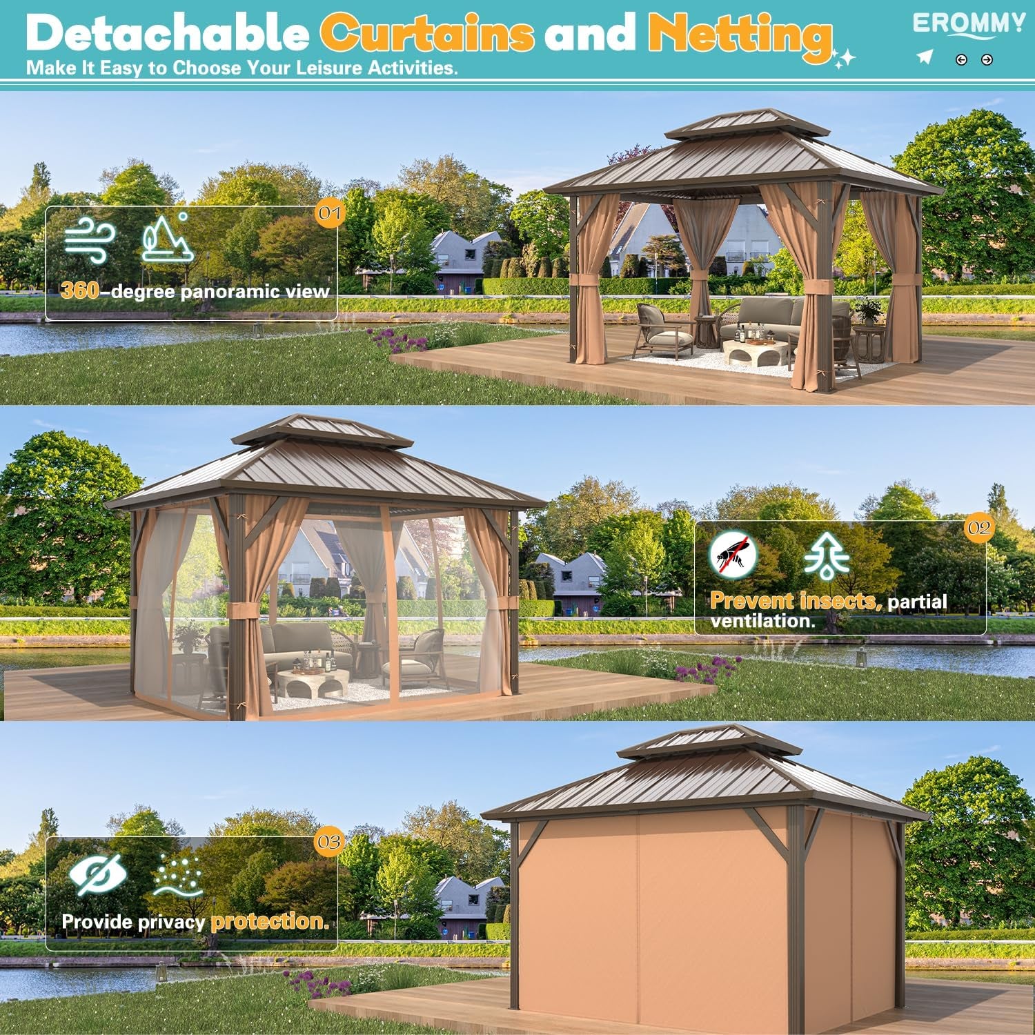 10' X 12' Hardtop Gazebo, Aluminum Frame Gazebos with Galvanized Steel Double Roof, Permanent Outdoor Metal Pavilion with Curtain and Netting for Patio, Lawn, Deck