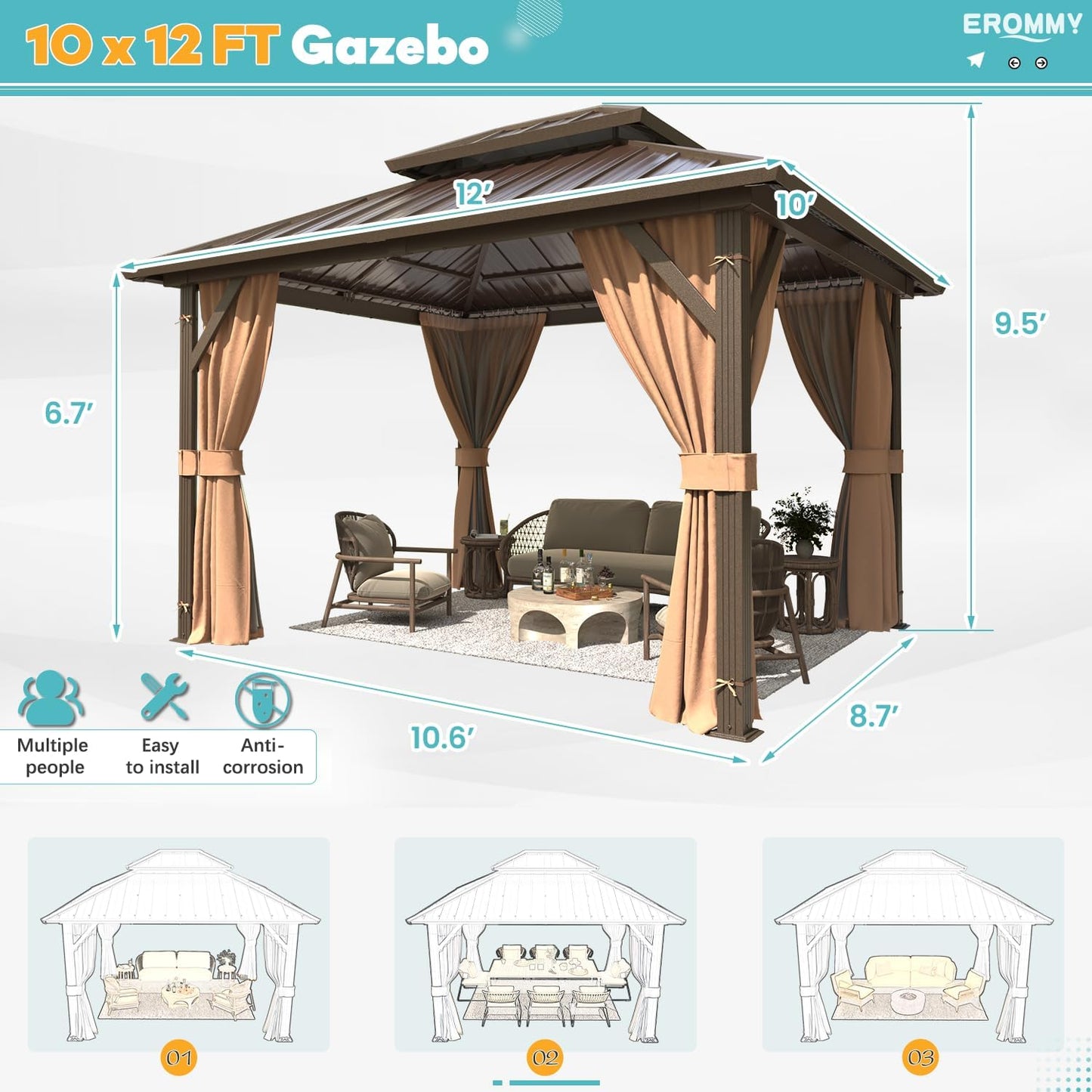 10' X 12' Hardtop Gazebo, Aluminum Frame Gazebos with Galvanized Steel Double Roof, Permanent Outdoor Metal Pavilion with Curtain and Netting for Patio, Lawn, Deck