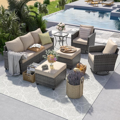 Patio Furniture Set, 6 Pieces Outdoor Patio Set, All-Weather Wicker Rattan Outdoor Furniture Set with Swivel Chairs for Poolside, Backyard, Gray Wicker Khaki Cushions
