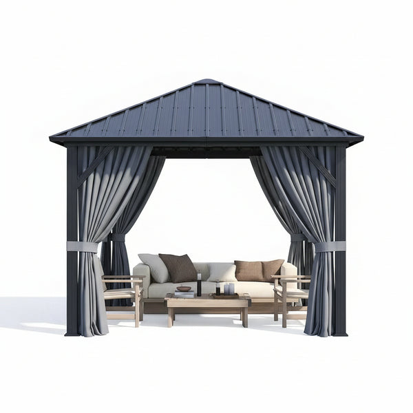 10 Ft. X 10 Ft. Outdoor Galvanized Steel Roof Gazebo, Aluminum Frame Pergolas with Ceiling Hook, Curtains and Netting