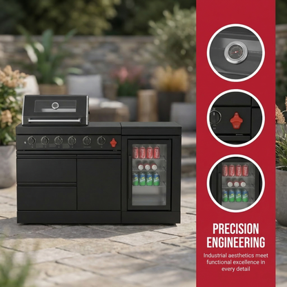 65-Inch 4-Burner Stainless Steel Outdoor Kitchen Grill with Refrigerator - Black