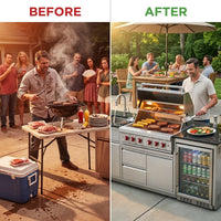 82-Inch 6-Burner Gas Grill 85,000 BTU Outdoor Kitchen Barbecue | Stainless Steel Grill Island with Sink, Storage Cabinets, and Wine Refrigerator,Backyard, Patio, Lawn, Silver — Before & After