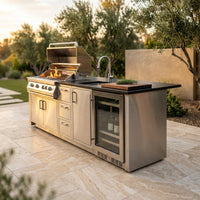 82-Inch 6-Burner Gas Grill 85,000 BTU Outdoor Kitchen Barbecue | Stainless Steel Grill Island with Sink, Storage Cabinets, and Wine Refrigerator,Backyard, Patio, Lawn, Silver — Studio Shot