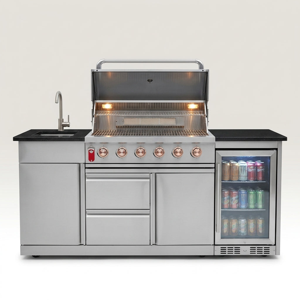 82-Inch 6-Burner Gas Grill 85,000 BTU Outdoor Kitchen Barbecue | Stainless Steel Grill Island with Sink, Storage Cabinets, and Wine Refrigerator,Backyard, Patio, Lawn, Silver — Studio Shot