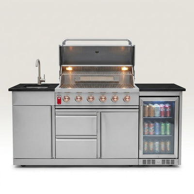 Outdoor Kitchen Island Built for Complete Cooking, 6-Burner 85,000 BTU Gas Grill, Stainless Steel Sink, Wine Cooler
