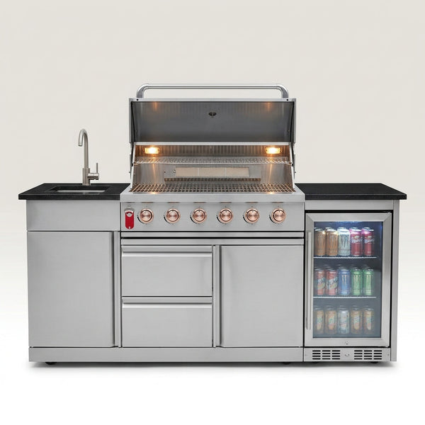 82-Inch 6-Burner Gas Grill 85,000 BTU Outdoor Kitchen Barbecue | Stainless Steel Grill Island with Sink, Storage Cabinets, and Wine Refrigerator,Backyard, Patio, Lawn, Silver — Studio Shot