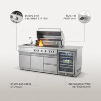 82-Inch 6-Burner Gas Grill 85,000 BTU Outdoor Kitchen Barbecue | Stainless Steel Grill Island with Sink, Storage Cabinets, and Wine Refrigerator,Backyard, Patio, Lawn, Silver — infographic
