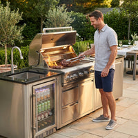82-Inch 6-Burner Gas Grill 85,000 BTU Outdoor Kitchen Barbecue | Stainless Steel Grill Island with Sink, Storage Cabinets, and Wine Refrigerator,Backyard, Patio, Lawn, Silver — Lifestyle