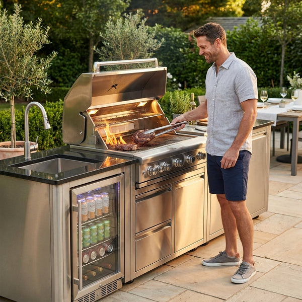 Outdoor Kitchen Island Built for Complete Cooking, 6-Burner 85,000 BTU Gas Grill, Stainless Steel Sink, Wine Cooler