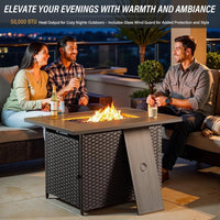Luxurious 7 Piece Patio Furniture Set with Fire Pit Table, High Back Wicker Swivel Rocker Glider Outdoor Chairs with 6" Cushion, All-Weather Patio Conversation Set for Yard Garden - Brown/Beige