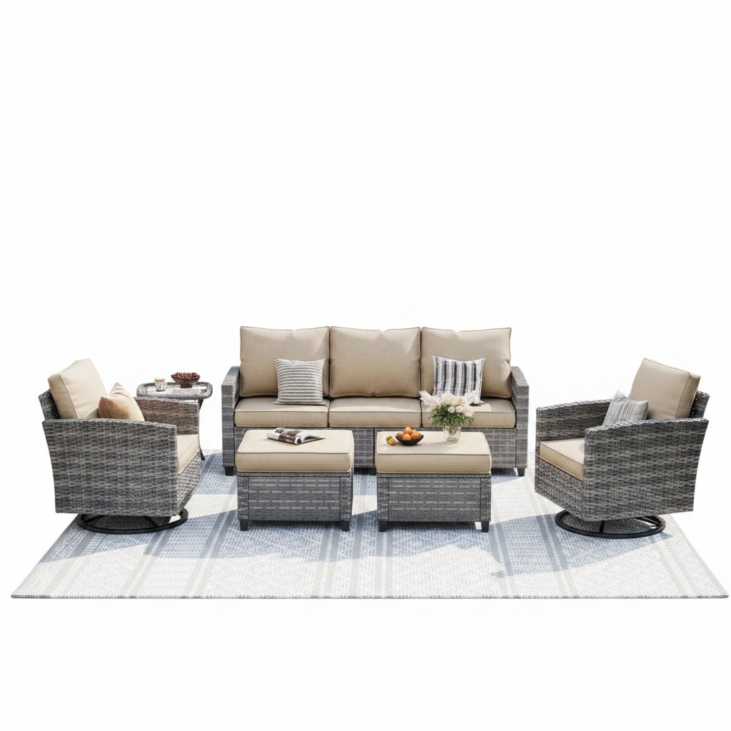 Patio Furniture Set, 6 Pieces Outdoor Patio Set, All-Weather Wicker Rattan Outdoor Furniture Set with Swivel Chairs for Poolside, Backyard, Gray Wicker Khaki Cushions