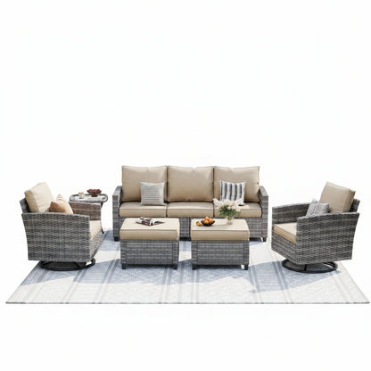 Patio Furniture Set, 6 Pieces Outdoor Patio Set, All-Weather Wicker Rattan Outdoor Furniture Set with Swivel Chairs for Poolside, Backyard, Gray Wicker Khaki Cushions