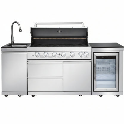 Outdoor Kitchen Island with Built in Grill, 6 Burner 83500 BTU Stainless Steel Gas Barbecue Island, Patio Cooking Station with Sink & Wine Cooler, Built in Grill Island for Backyard (Silver)