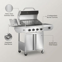 G41 Pro BBQ Grill,Heavy-Duty Stainless Steel Gas Grill, 4 Burner Gas Grill with Side Burner,42000 BTU Propane Grill for Outdoor Cooking,Barbecue,Garden and Patio Backyard — infographic