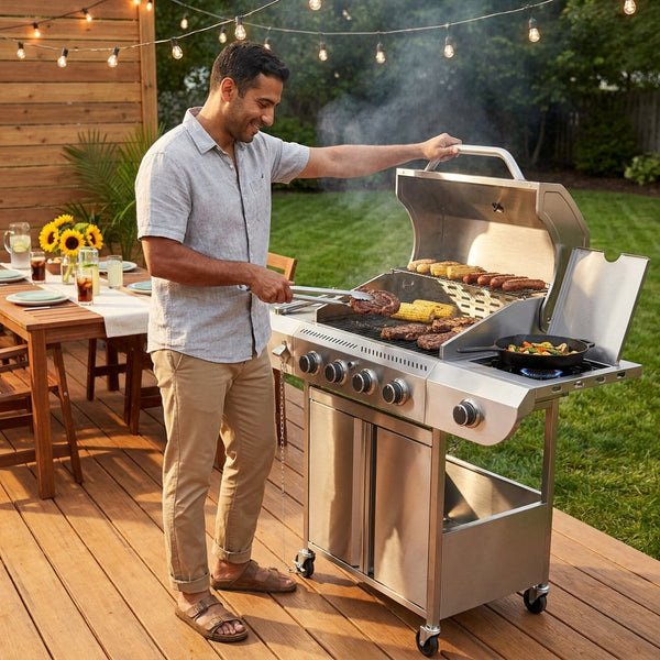 4‑Burner Stainless Steel Propane Gas Grill with Side Burner & 42,000 BTU Output – Freestanding