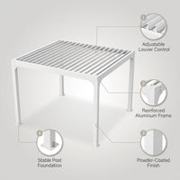 Louvered Pergola Modern White Pergola with Adjustable Roof for Deck Backyard Garden — infographic