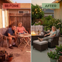 Luxurious 7 Piece Patio Furniture Set with Fire Pit Table, High Back Wicker Swivel Rocker Glider Outdoor Chairs with 6" Cushion, All-Weather Patio Conversation Set for Yard Garden - Brown/Beige — Before & After