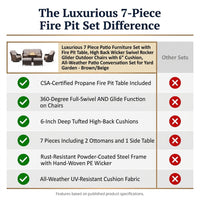 Luxurious 7 Piece Patio Furniture Set with Fire Pit Table, High Back Wicker Swivel Rocker Glider Outdoor Chairs with 6" Cushion, All-Weather Patio Conversation Set for Yard Garden - Brown/Beige — Comparison