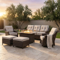 Luxurious 7 Piece Patio Furniture Set with Fire Pit Table, High Back Wicker Swivel Rocker Glider Outdoor Chairs with 6" Cushion, All-Weather Patio Conversation Set for Yard Garden - Brown/Beige — Studio Shot