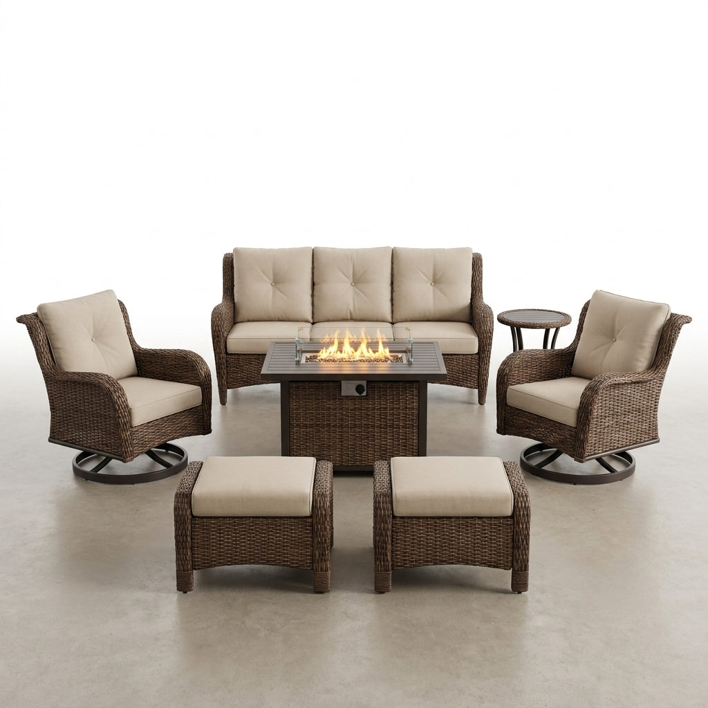 Luxurious 7 Piece Patio Furniture Set with Fire Pit Table, High Back Wicker Swivel Rocker Glider Outdoor Chairs with 6" Cushion, All-Weather Patio Conversation Set for Yard Garden - Brown/Beige — Studio Shot