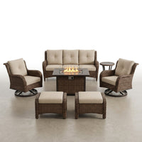 Luxurious 7 Piece Patio Furniture Set with Fire Pit Table, High Back Wicker Swivel Rocker Glider Outdoor Chairs with 6" Cushion, All-Weather Patio Conversation Set for Yard Garden - Brown/Beige — Studio Shot