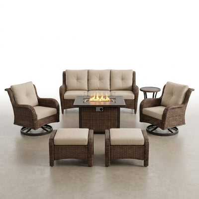 Patio Furniture Set Built for Year-Round Gatherings, 7-Piece with Fire Pit Table, Wicker Swivel Rockers