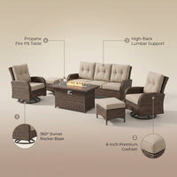 Luxurious 7 Piece Patio Furniture Set with Fire Pit Table, High Back Wicker Swivel Rocker Glider Outdoor Chairs with 6" Cushion, All-Weather Patio Conversation Set for Yard Garden - Brown/Beige — infographic