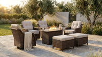 Luxurious 7 Piece Patio Furniture Set with Fire Pit Table, High Back Wicker Swivel Rocker Glider Outdoor Chairs with 6" Cushion, All-Weather Patio Conversation Set for Yard Garden - Brown/Beige — Lifestyle