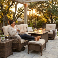 Luxurious 7 Piece Patio Furniture Set with Fire Pit Table, High Back Wicker Swivel Rocker Glider Outdoor Chairs with 6" Cushion, All-Weather Patio Conversation Set for Yard Garden - Brown/Beige — Lifestyle
