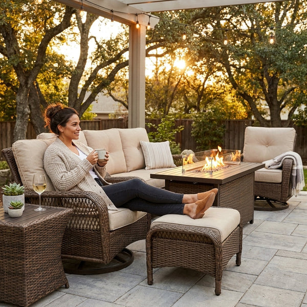 Patio Furniture Set Built for Year-Round Gatherings, 7-Piece with Fire Pit Table, Wicker Swivel Rockers