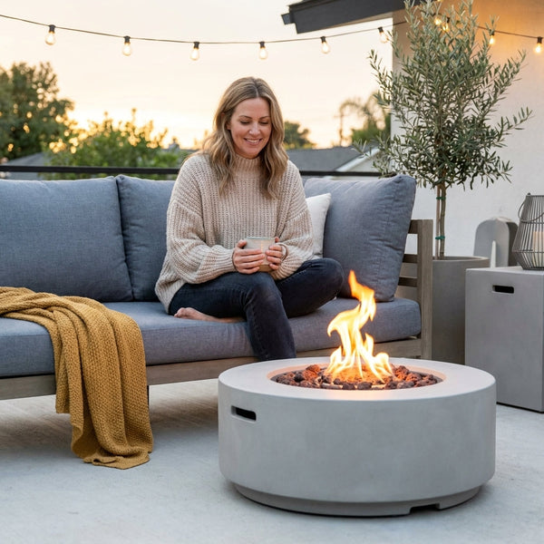 Propane Fire Pit Table Built for Outdoor Entertaining, Glass Fiber Reinforced Concrete, 26 Inch Round