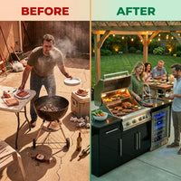 Outdoor Kitchen Island Designed for Complete Entertaining, 4 Burner Gas Grill, Integrated Sink, Wine Cooler — Before & After