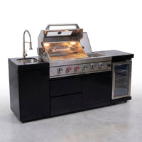 Outdoor Kitchen Island Designed for Complete Entertaining, 4 Burner Gas Grill, Integrated Sink, Wine Cooler — Studio Shot