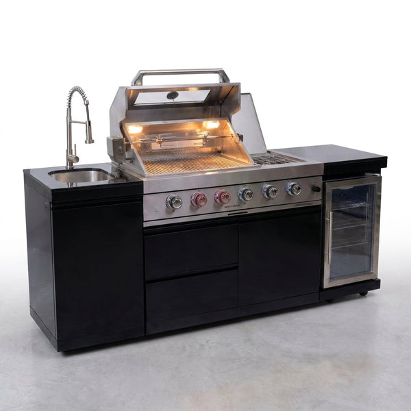 Outdoor Kitchen Island Designed for Complete Entertaining, 4 Burner Gas Grill, Integrated Sink, Wine Cooler — Studio Shot
