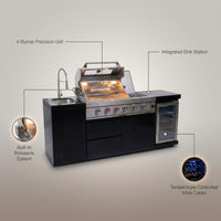 Outdoor Kitchen Island Designed for Complete Entertaining, 4 Burner Gas Grill, Integrated Sink, Wine Cooler — infographic