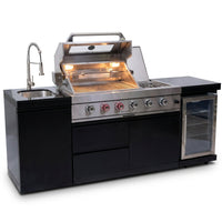 Outdoor Kitchen Island Gas Grill System 4 Burner BBQ Island with Rotisserie Kit, Integrated Sink, Wine Cooler & Granite Countertop — Studio Shot