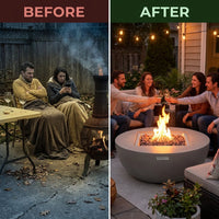 Westport 34 In. X 14 In. Grey round Concrete Propane Pit Table with Electronic Ignition Cover and Lava Rock — Before & After
