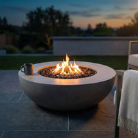 Westport 34 In. X 14 In. Grey round Concrete Propane Pit Table with Electronic Ignition Cover and Lava Rock — Studio Shot