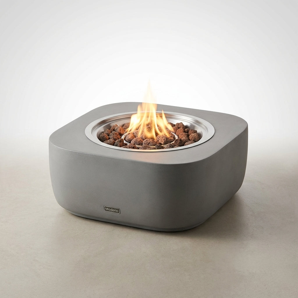 Westport 34 In. X 14 In. Grey round Concrete Propane Pit Table with Electronic Ignition Cover and Lava Rock — Studio Shot