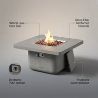 Westport 34 In. X 14 In. Grey round Concrete Propane Pit Table with Electronic Ignition Cover and Lava Rock — infographic